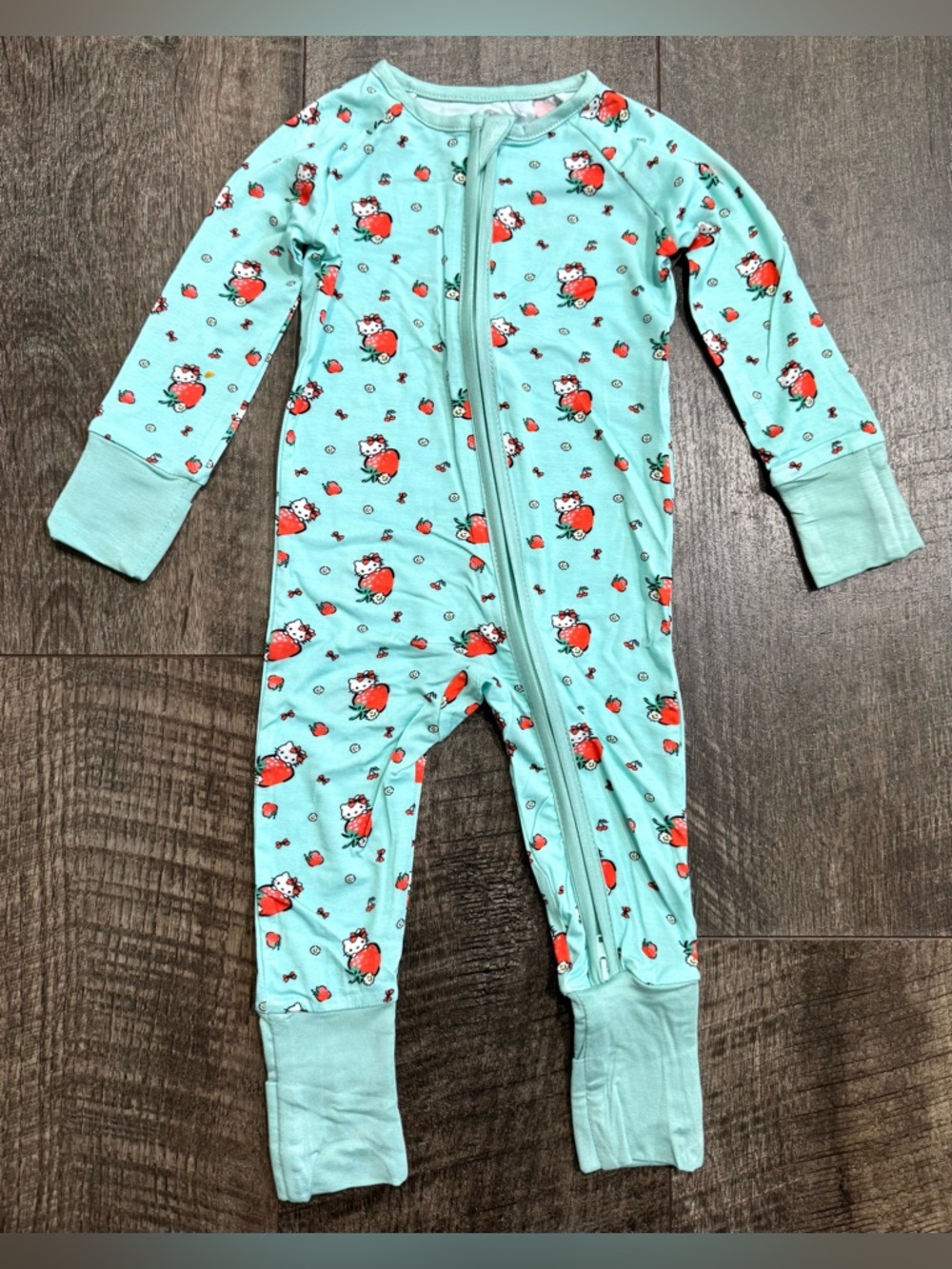Bamboo Zipper Sleeper Pajamas Aqua Blue Hello Kitty Fruit Print 12-18m
